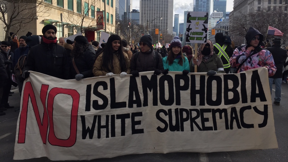 photo: banner 'NO ISLAMOPHOBIA / NO WHITE SUPREMACY'